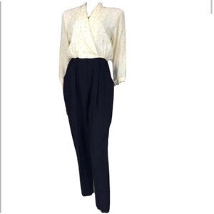 Vintage Michael Blair jumpsuit/romper V-neck long sleeve beige, black,gold